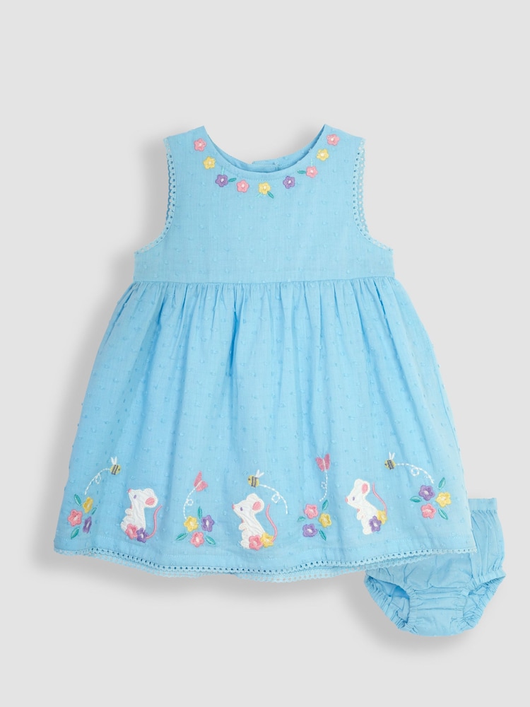 JoJo Maman Bébé Blue Mouse Floral Embroidered Baby Dress - Image 1 of 4