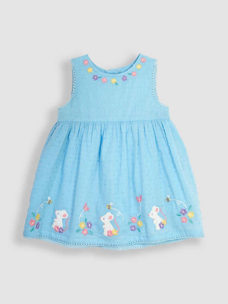 JoJo Maman Bébé Blue Mouse Floral Embroidered Baby Dress - Image 2 of 4