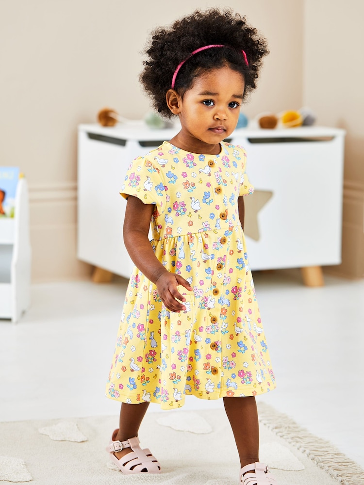 JoJo Maman Bébé Yellow Bunny & Duck Button Through Pet In Pocket Jersey Dress - Image 1 of 3