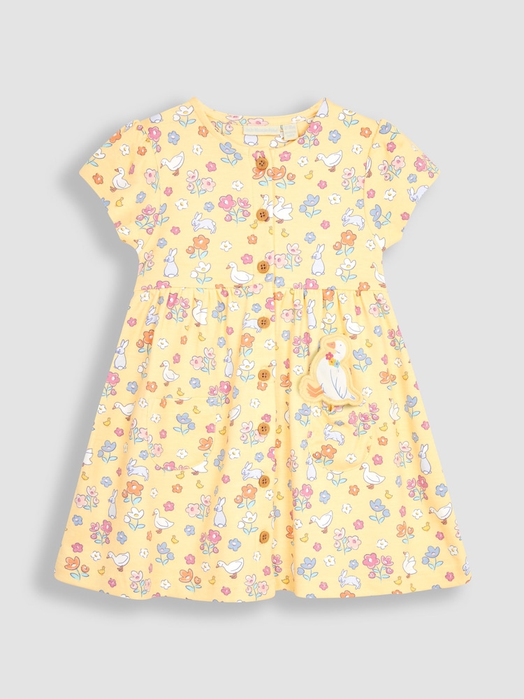 JoJo Maman Bébé Yellow Bunny & Duck Button Through Pet In Pocket Jersey Dress - Image 3 of 3