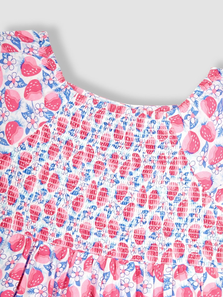 JoJo Maman Bébé Pink Strawberry Bloom Puff Sleeve Smocked Dress - Image 2 of 4