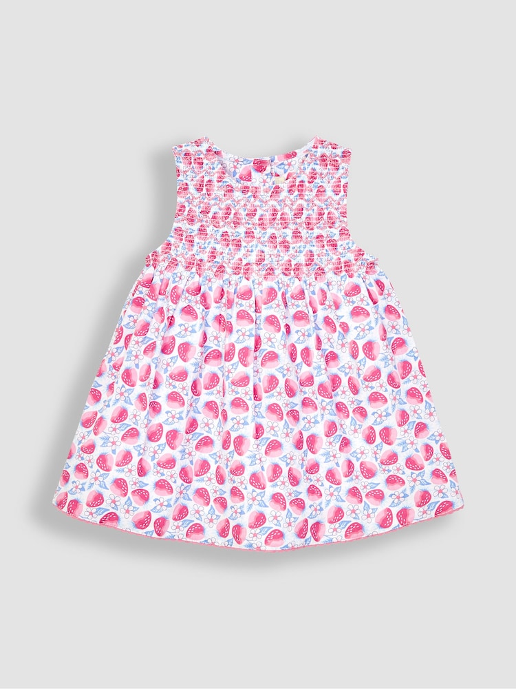 JoJo Maman Bébé Pink Strawberry Bloom Smocked Baby Dress With Knickers - Image 2 of 4