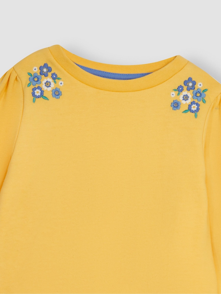JoJo Maman Bébé Yellow 2-Piece Floral Embroidered Sweatshirt & Shorts Set - Image 6 of 6