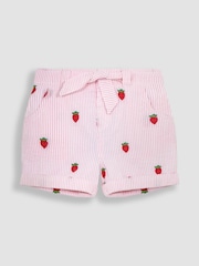 JoJo Maman Bébé Pink Strawberry Embroidered Seersucker Pretty Shorts - Image 1 of 3