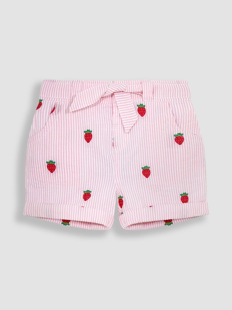 JoJo Maman Bébé Pink Strawberry Embroidered Seersucker Pretty Shorts - Image 1 of 3