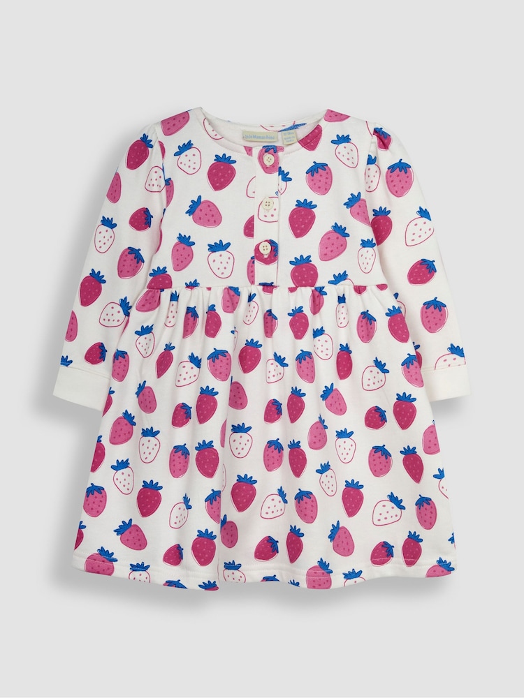 JoJo Maman Bébé Pink Strawberry Button Front Sweat Jersey Dress - Image 1 of 3