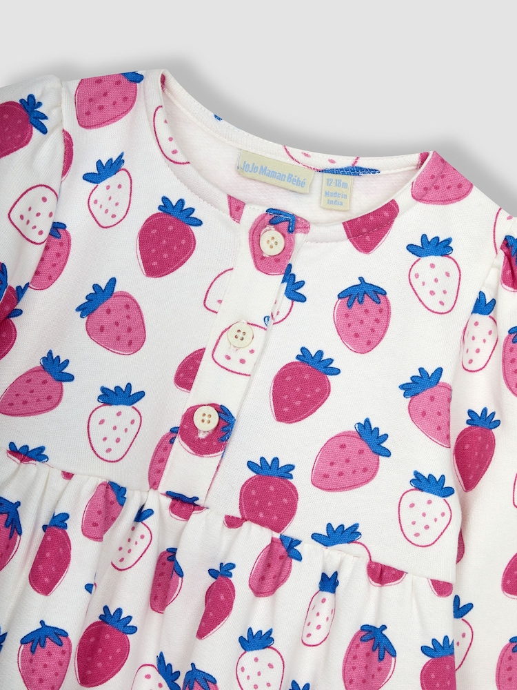 JoJo Maman Bébé Pink Strawberry Button Front Sweat Jersey Dress - Image 2 of 3