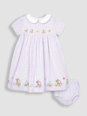 JoJo Maman Bébé Lilac Purple Mouse Embroidered Smocked Dress - Image 5 of 8