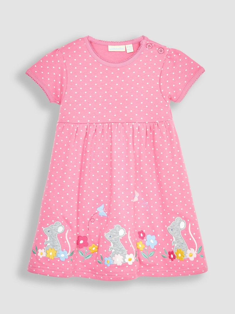 JoJo Maman Bébé Pink Mouse Spot Appliqué Hem Jersey Dress - Image 1 of 3