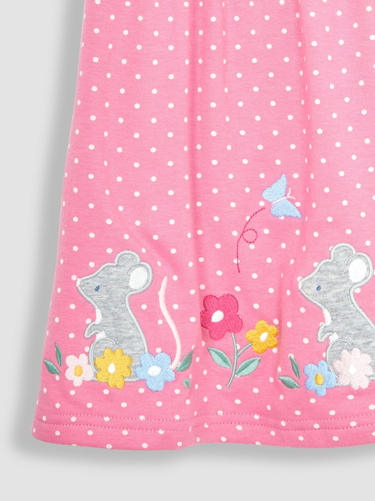 JoJo Maman Bébé Pink Mouse Spot Appliqué Hem Jersey Dress - Image 3 of 3