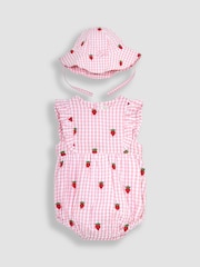JoJo Maman Bébé Pink 2-Piece Strawberry Embroidered Bubble Romper & Hat Set - Image 1 of 5