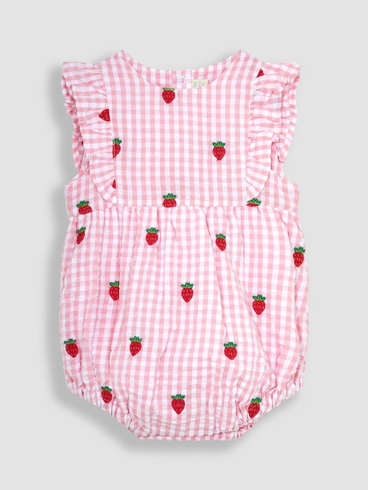 JoJo Maman Bébé Pink 2-Piece Strawberry Embroidered Bubble Romper & Hat Set - Image 2 of 5 JoJo Maman Bébé Pink 2-Piece Strawberry Embroidered Bubble Romper & Hat Set - Image 2 of 5