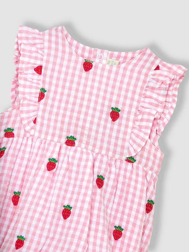 JoJo Maman Bébé Pink 2-Piece Strawberry Embroidered Bubble Romper & Hat Set - Image 5 of 5