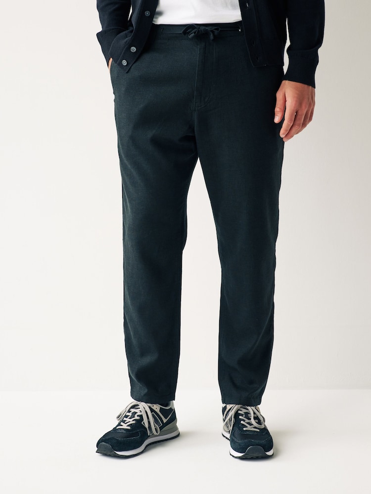 Black Linen Viscose Drawstring Trousers - Image 1 of 7