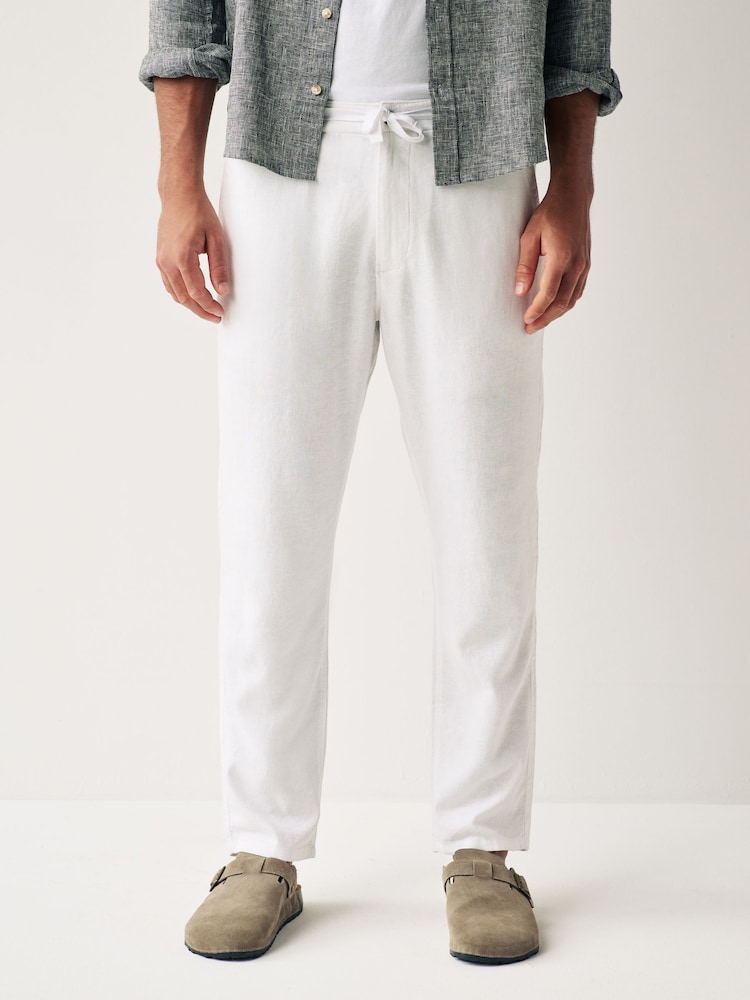 White Linen Viscose Drawstring Trousers - Image 1 of 13