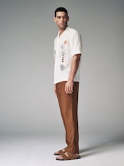 Rust Brown 100% Linen Drawstring Trousers - Image 3 of 11