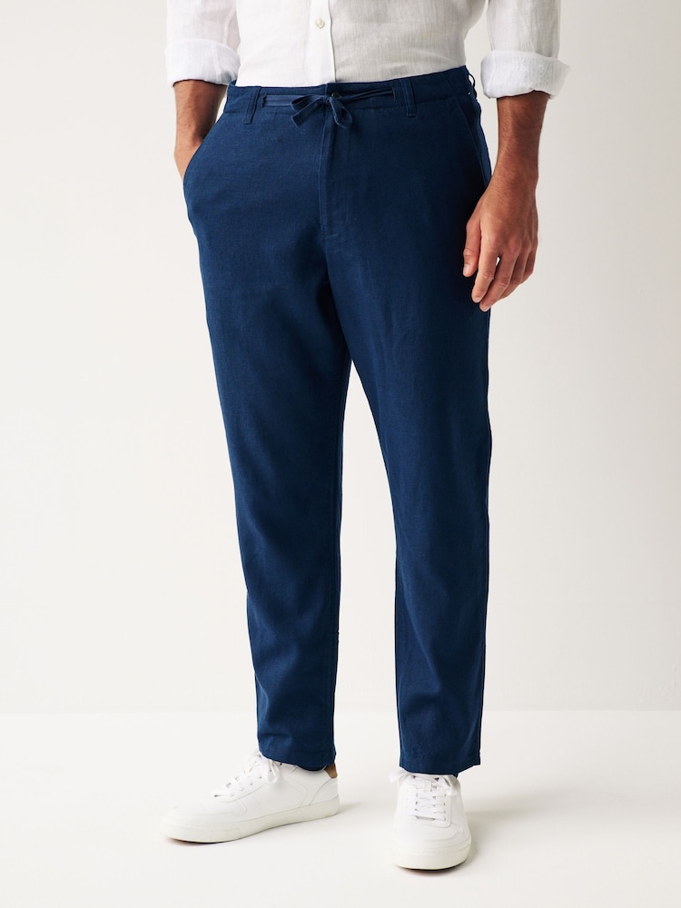 Navy Blue Linen Viscose Drawstring Trousers - Image 1 of 8