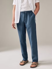 Navy Blue 100% Linen Drawstring Trousers - Image 1 of 9