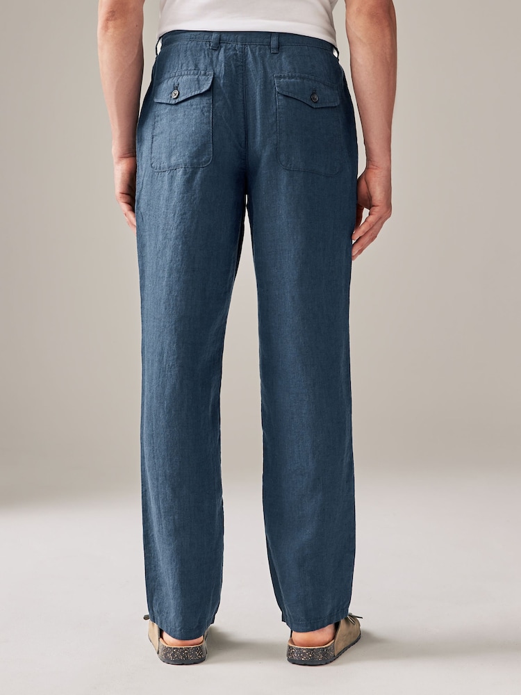 Navy Blue 100% Linen Drawstring Trousers - Image 3 of 9
