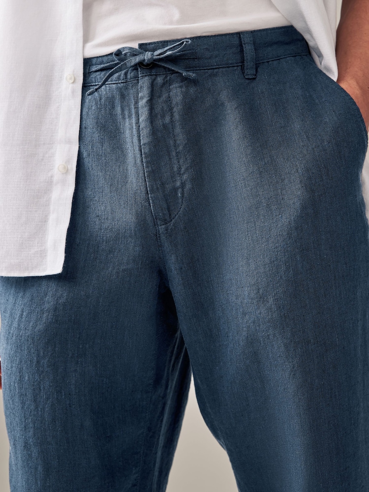 Navy Blue 100% Linen Drawstring Trousers - Image 5 of 9