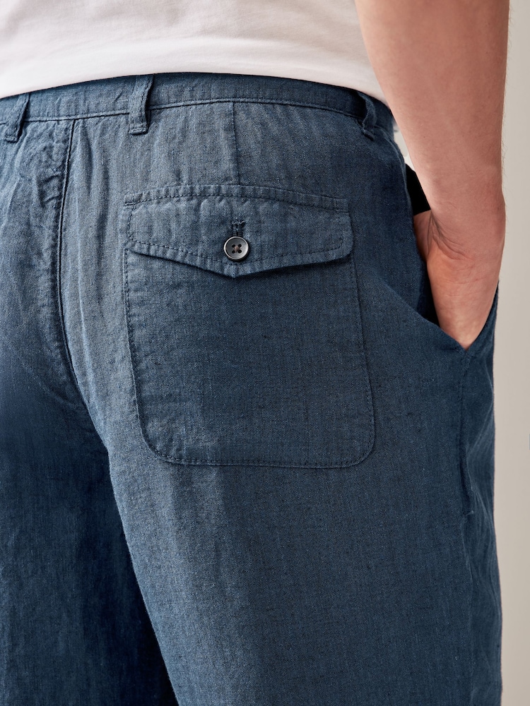 Navy Blue 100% Linen Drawstring Trousers - Image 6 of 9