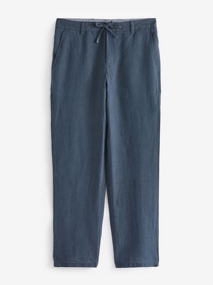 Navy Blue 100% Linen Drawstring Trousers - Image 7 of 9