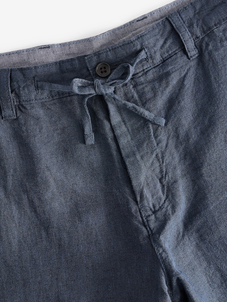 Navy Blue 100% Linen Drawstring Trousers - Image 8 of 9