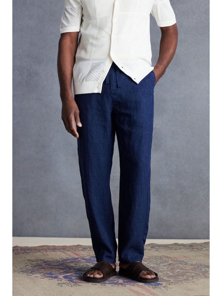 Navy Blue Signature Leomaster Italian Delave 100% Linen Drawstring Trousers - Image 1 of 13