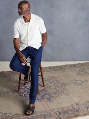 Navy Blue Signature Leomaster Italian Delave 100% Linen Drawstring Trousers - Image 2 of 13