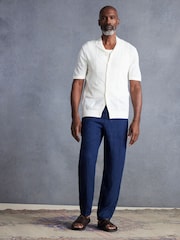 Navy Blue Signature Leomaster Italian Delave 100% Linen Drawstring Trousers - Image 3 of 13