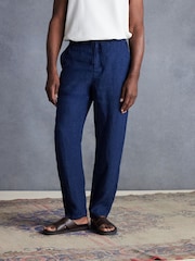 Navy Blue Signature Leomaster Italian Delave 100% Linen Drawstring Trousers - Image 4 of 13