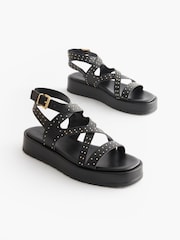 Black Studded Forever Comfort® Leather Strappy Flatform Sandals - Image 1 of 4