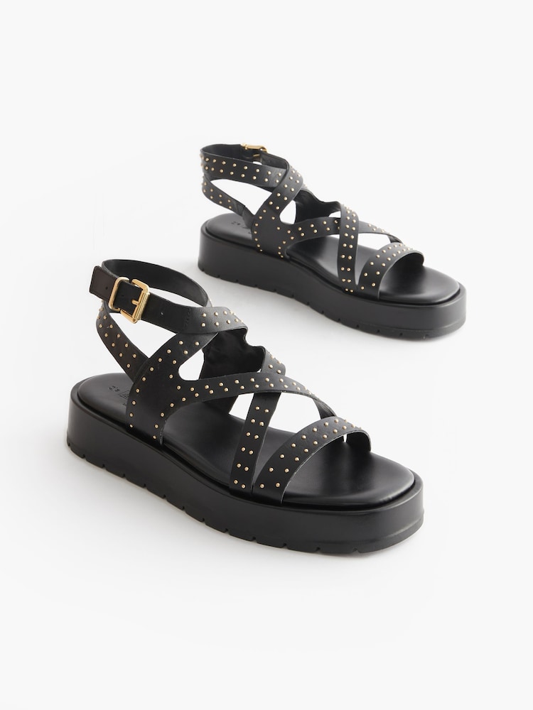 Black Studded Forever Comfort® Leather Strappy Flatform Sandals - Image 1 of 4