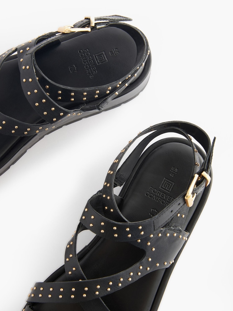 Black Studded Forever Comfort® Leather Strappy Flatform Sandals - Image 4 of 4