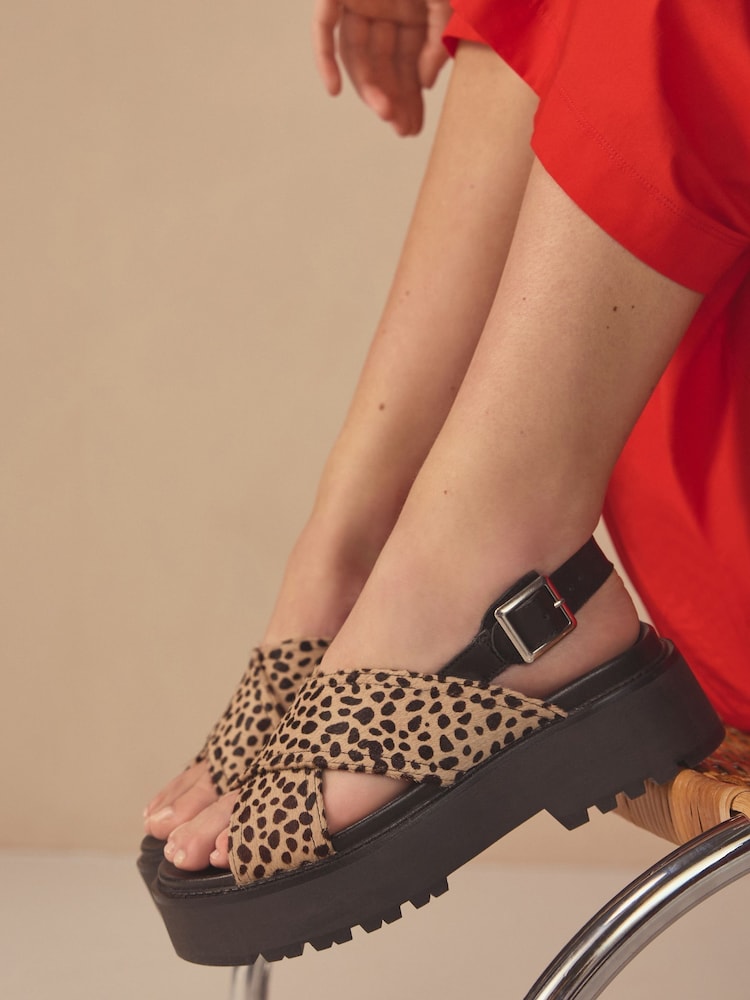 Animal Leather Chunky Cross Strap Sandals - Image 1 of 1