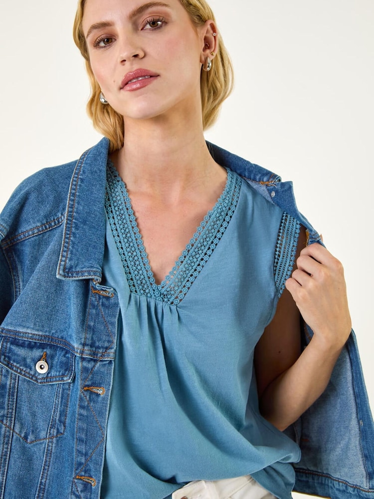 Roman Blue Lace Trim Tie V-Neck Top - Image 1 of 5