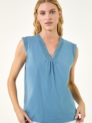 Roman Blue Lace Trim Tie V-Neck Top - Image 4 of 5