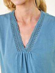 Roman Blue Lace Trim Tie V-Neck Top - Image 5 of 5