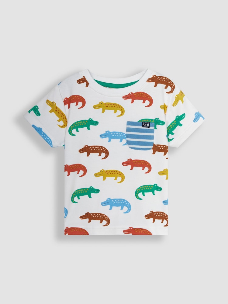 JoJo Maman Bébé White Crocodile Contrast Pocket T-Shirt - Image 1 of 4