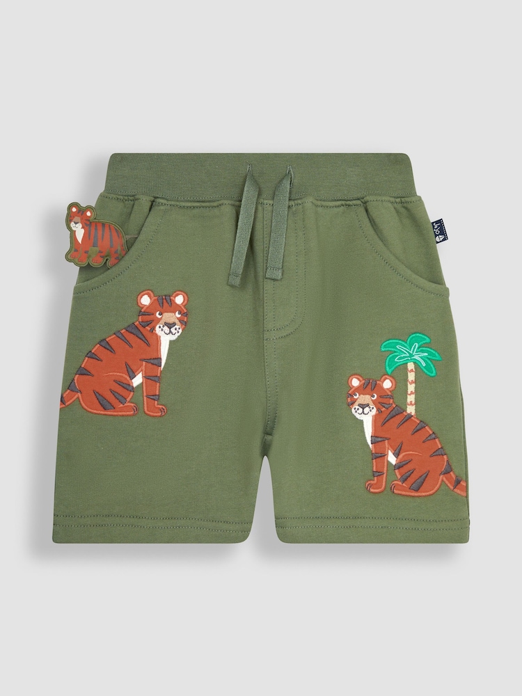 JoJo Maman Bébé Khaki Green Tiger Appliqué Pet in Pocket Shorts - Image 1 of 3