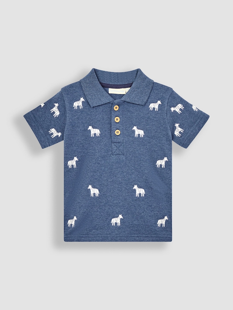 JoJo Maman Bébé Denim Blue Zebra Short Sleeve Embroidered Polo Shirt - Image 1 of 3