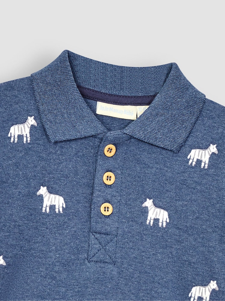 JoJo Maman Bébé Denim Blue Zebra Short Sleeve Embroidered Polo Shirt - Image 2 of 3