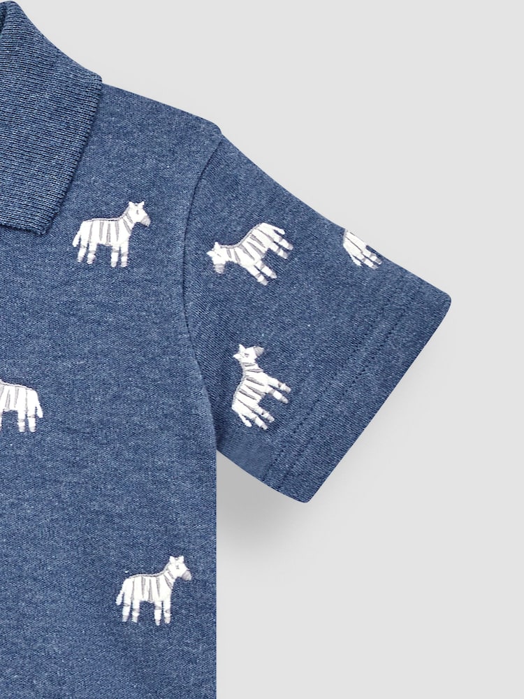 JoJo Maman Bébé Denim Blue Zebra Short Sleeve Embroidered Polo Shirt - Image 3 of 3