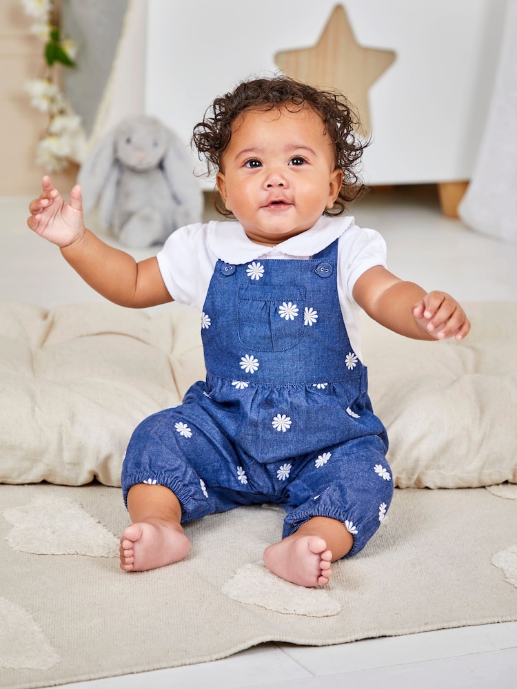 JoJo Maman Bébé Chambray Blue Daisy Embroidered Dungarees - Image 1 of 4
