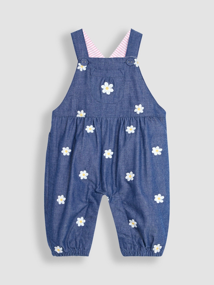 JoJo Maman Bébé Chambray Blue Daisy Embroidered Dungarees - Image 2 of 4