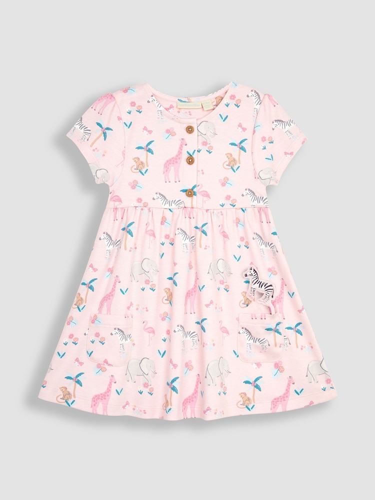 JoJo Maman Bébé Pink Safari Animals Button Front Jersey Dress - Image 1 of 4