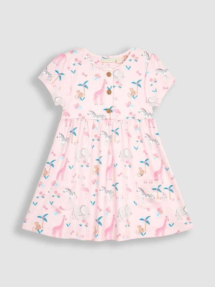 JoJo Maman Bébé Pink Safari Animals Button Front Jersey Dress - Image 2 of 4