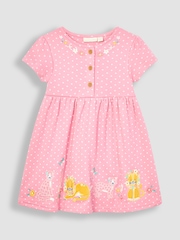 JoJo Maman Bébé Pink Lion & Tiger Spot Appliqué Button Front Jersey Dress - Image 1 of 3