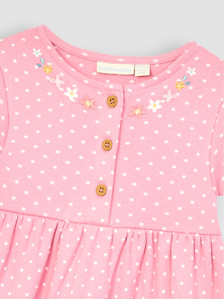 JoJo Maman Bébé Pink Lion & Tiger Spot Appliqué Button Front Jersey Dress - Image 2 of 3
