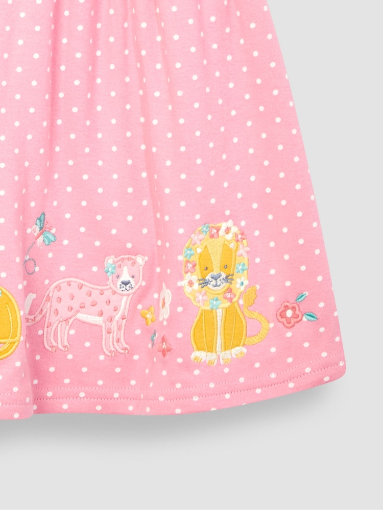 JoJo Maman Bébé Pink Lion & Tiger Spot Appliqué Button Front Jersey Dress - Image 3 of 3
